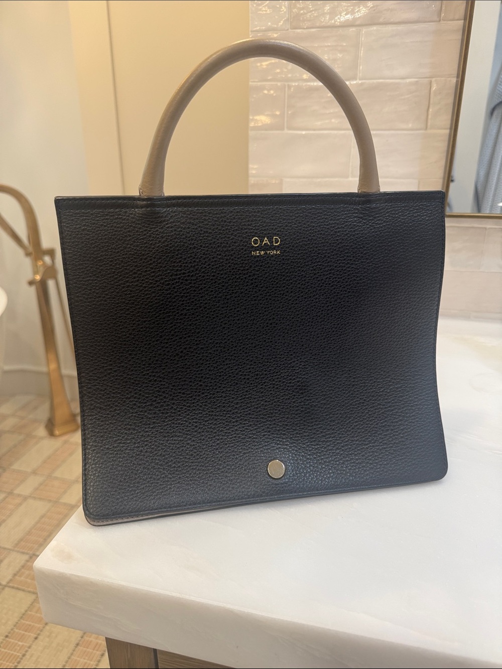 Oat New York Two-Tone Black and Taupe Leather Shoulder Bag